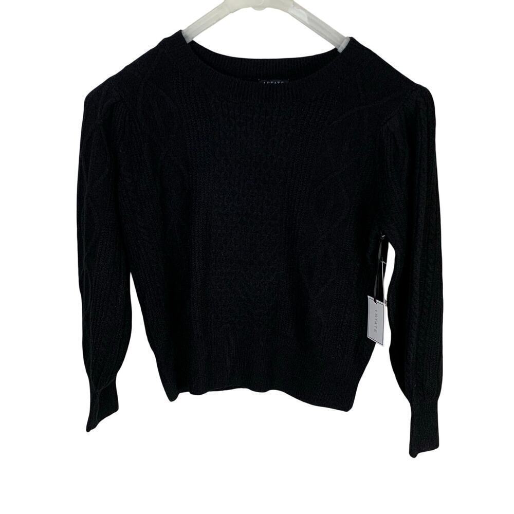 1. STATE Black Cable Knit Balloon Puff Sleeve Sweater L NWT